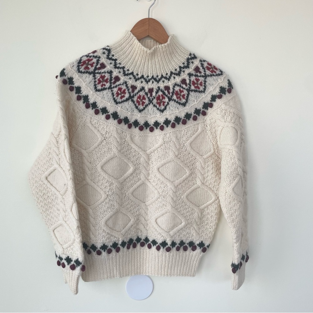 J G Hook Vintage 100% Wool Hand Knit Ivory Fair Isle Cable Knit Sweater M Medium